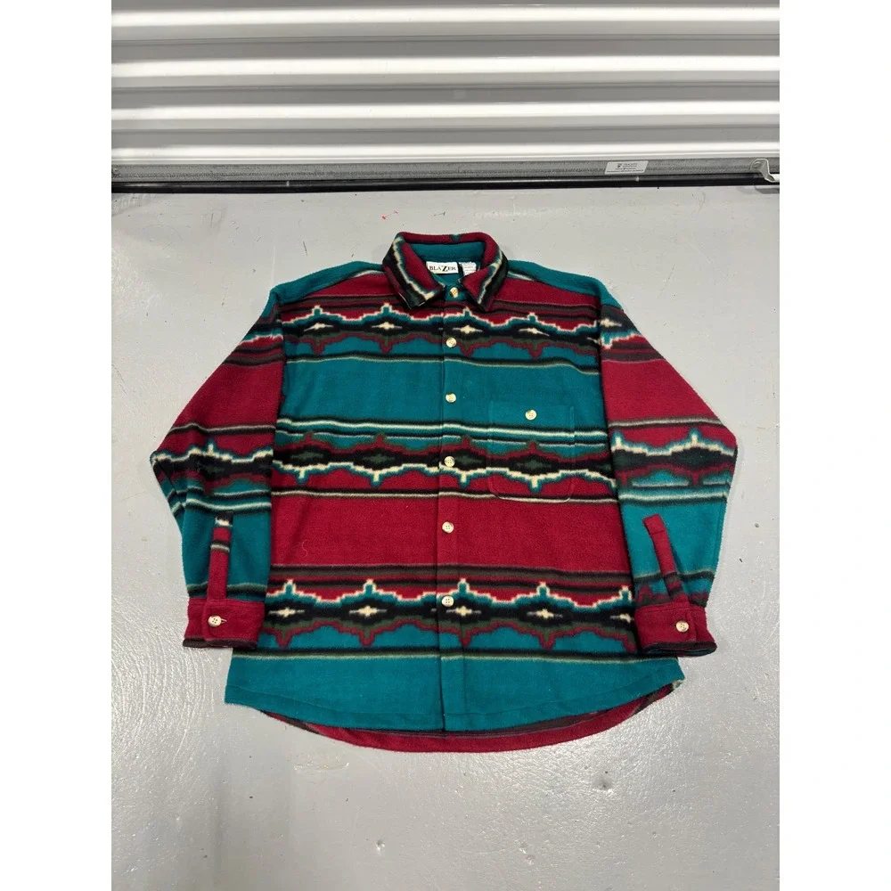 Vintage Blazer Mens Fleece Shirt Large Aztec Southwestern Burgundy Button Up - Picture 1 of 6